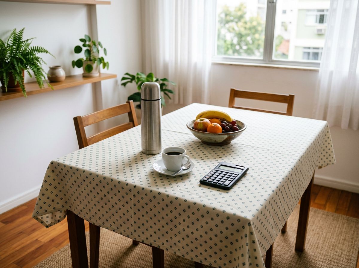 Objetos do dia a dia sobre a mesa da cozinha, onde as decisões de dinheiro acontecem